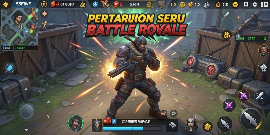 Screenshot utama 55FIVE menampilkan aksi mendebarkan dalam permainan Battle Royale.