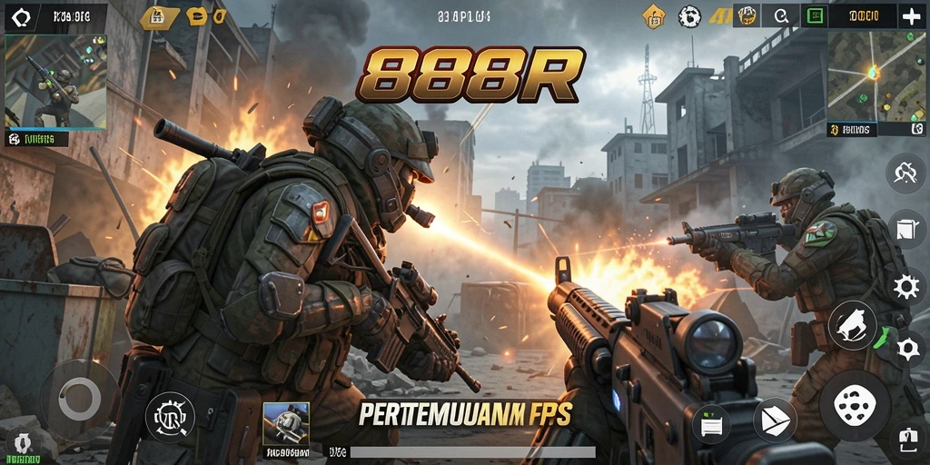 Screenshot gameplay utama 888R menampilkan aksi pertempuran yang mendebarkan.