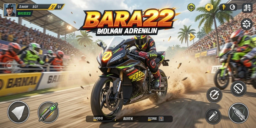 Screenshot gameplay BARA22, menampilkan aksi balapan motor yang mendebarkan.