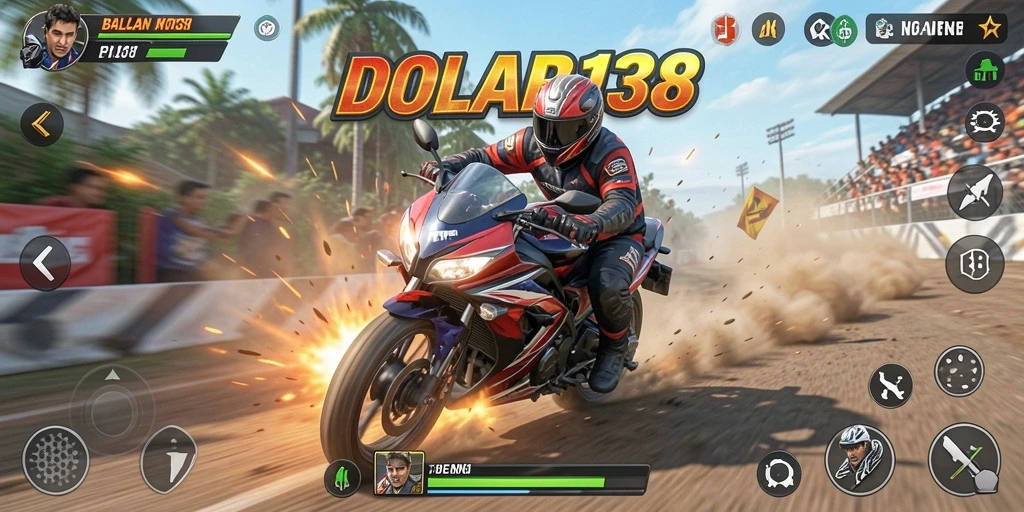 Screenshot gameplay DOLAR138 menunjukkan balapan motor yang mengasyikkan.