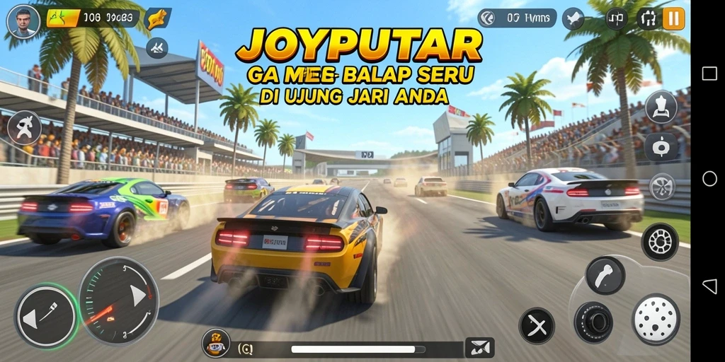 Tampilan gameplay seru dalam JOYPUTAR yang menampilkan kecepatan tinggi dan kontrol kendaraan.