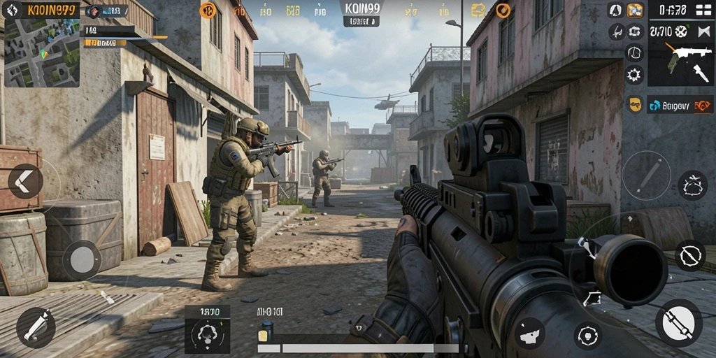 Screenshot menampilkan aksi seru dalam gameplay FPS KOIN99.
