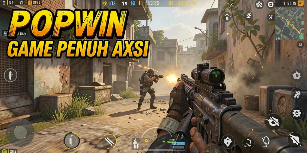Screenshot POPWIN menunjukkan pertempuran intens di lingkungan grafis yang memukau.
