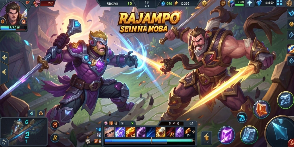 Screenshot RAJAMPO menampilkan aksi seru dalam pertempuran MOBA.