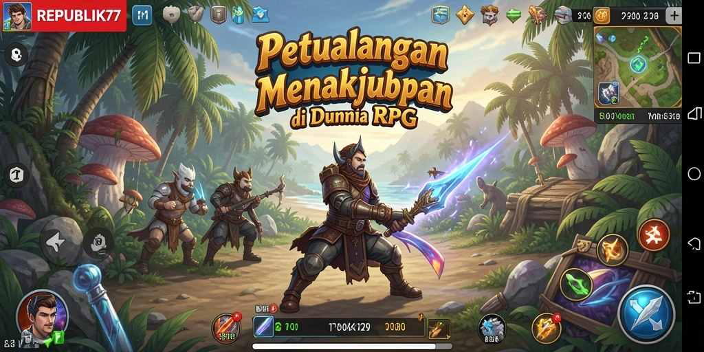 Tangkapan layar gameplay <strong>REPUBLIK77</strong> menunjukkan pertempuran seru di dunia fantasi yang kaya.