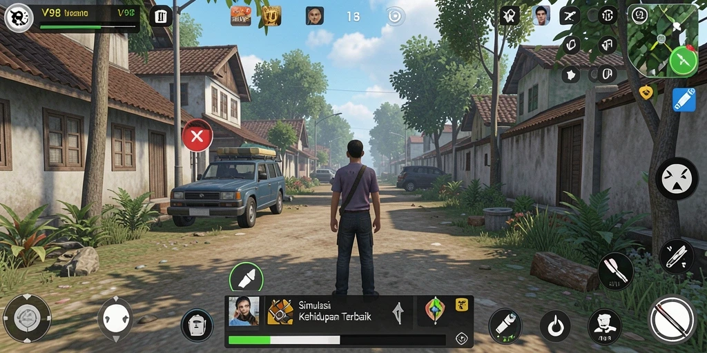Screenshot gameplay V98 menampilkan berbagai aktivitas dalam simulasi kehidupan.